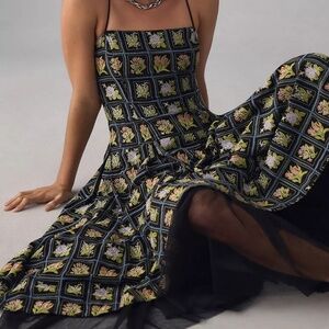 ANTHROPOLOGIE Maeve Embroidered Patchwork Floral Tulle-Hem Midi Dress